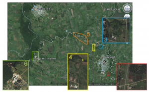 Figura 1. Vista aérea del Arroyo Canelón Chico y adyacencias. Se representan las diferentes zonas descritas en el texto.